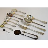 Silver flatware, comprising; two table forks, a dessert spoon, three teaspoons,