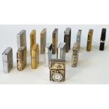 A collection of fifteen various lighters, comprising; two sterling silver cased Zippo lighters,