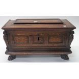 A 17th century Italian inlaid walnut cassone of small proportions with raised panel lid and triple