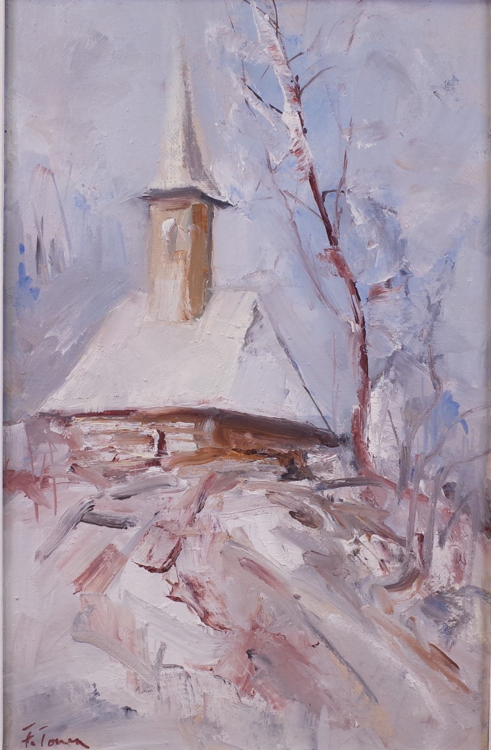 F*** Tonea (20th Century), Romanian village church in the snow, signed 'F Tonea' (lower left),