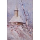 F*** Tonea (20th Century), Romanian village church in the snow, signed 'F Tonea' (lower left),