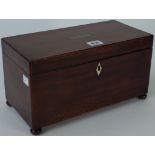 A George III mahogany boxwood strung tulipwood crossbanded rectangular tea caddy, 30.