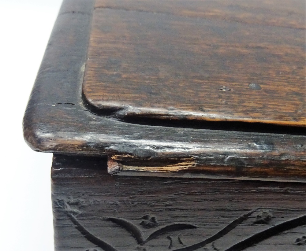 A 17th century oak slope front bible box, detailed E+B 1689, 58cm wide x 23cm high. - Image 5 of 11