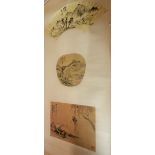 A Chinese hanging scroll of three paintings, Qing Dynasty, comprising; a fan painting,