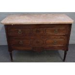 An 18th century French commode, the marble top over two long drawers on turned supports,