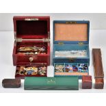 Two jewellery boxes containing costume jewellery, loose gemstones and pastes, watch movements,