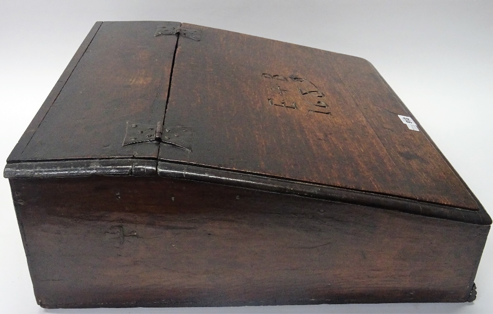 A 17th century oak slope front bible box, detailed E+B 1689, 58cm wide x 23cm high. - Image 2 of 11