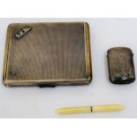 A European hinge lidded rectangular cigarette case, gilt within and presentation inscribed,