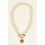 A gold, diamond, amethyst and cultured pearl necklace,