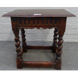 A 17th century and later oak joint stool, with carved frieze on barley twist supports,