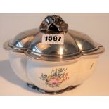 A French silver lidded Chantilly ceramic sauce tureen and cover, of quatrefoil shaped form,