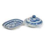 A Canton blue and white export warming plate and a cover, 19th century,