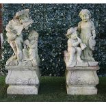 A pair of Vincenza stone figure groups of child musicians on square baluster stands,
