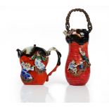 Two Sumidagawa teapots and covers, late 19th/20th century, each applied with two figures,