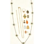 A group of jewellery, comprising; a longchain spaced with turquoise matrix beads, a 9ct gold St.