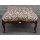 A late 19th century French walnut framed lozenge shape footstool, on shell capped cabriole supports,