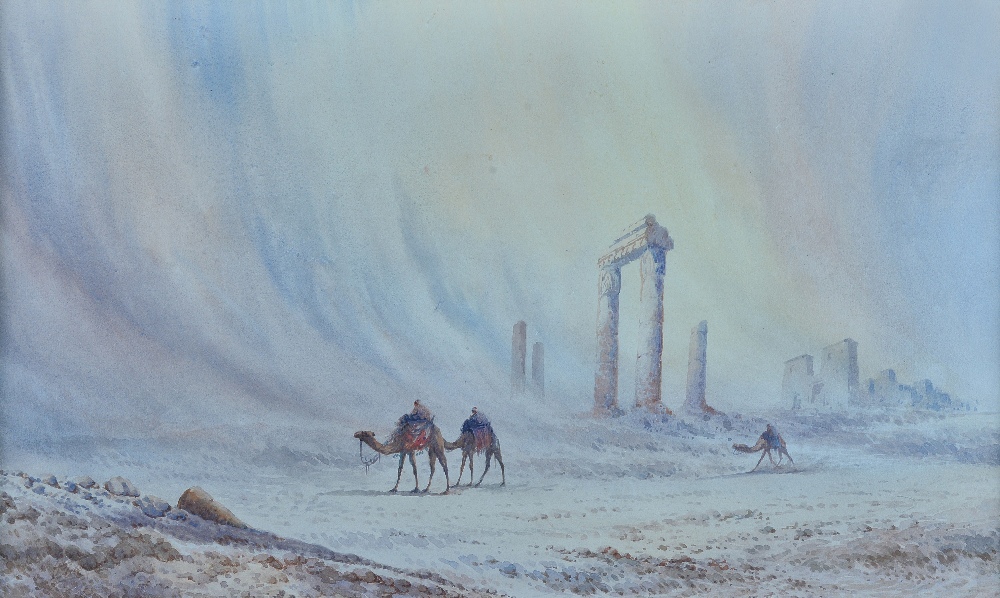 Otto Tilche (British, 1821-1894), Men and camels in a landscape; Men and camels beside ruins,