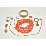 A group of jewellery, comprising; a long single row necklace of branch coral,