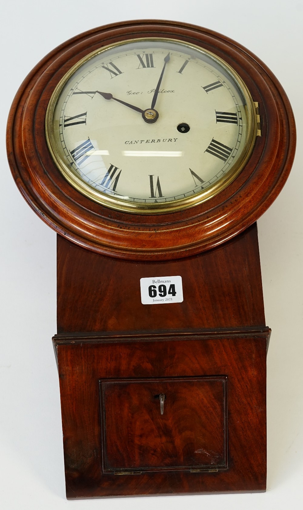 A small 19th century mahogany Drop Dial wall timepiece,