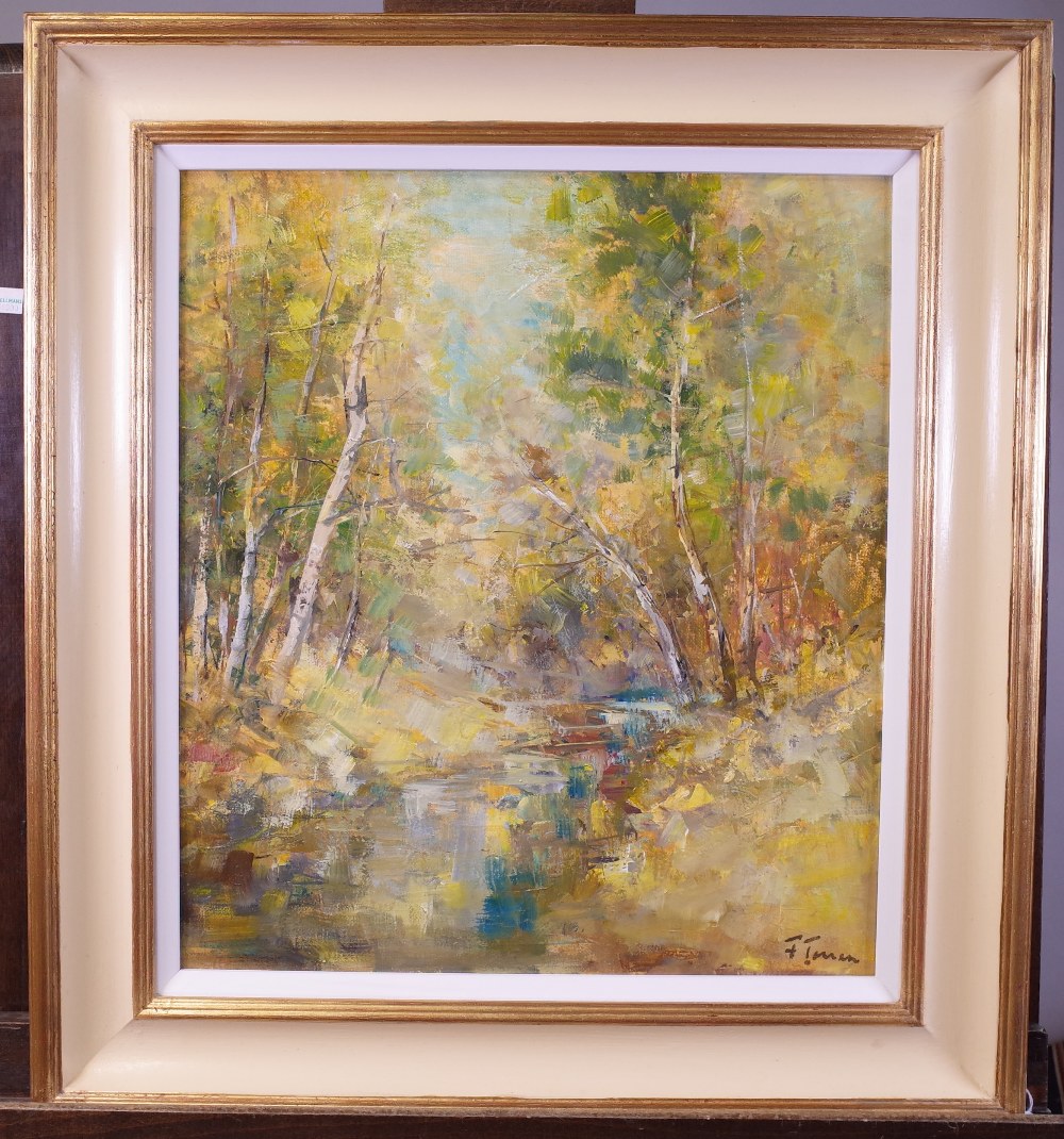 F*** Tonea (20th Century), A woodland stream, signed 'F Tonea' (lower right), oil on canvas, - Image 2 of 2