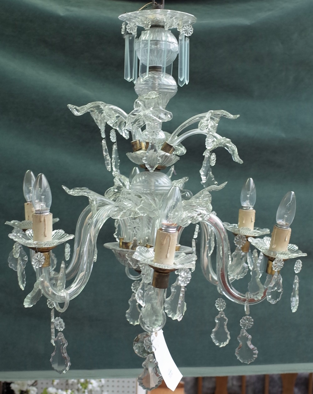 A 20th century Italian style glass six light chandelier with spiral column and moulded branches - Image 3 of 3
