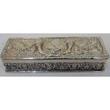 A silver rectangular hinge lidded box, the cover decorated with a portrait between two cornucopia,