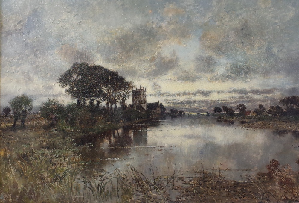 Follower of Karl Heffner, River landscape with church, oil on canvas, bears signature (lower right),