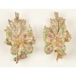 A pair of gold, emerald, ruby and diamond brooches, designed as butterflies and sprays,