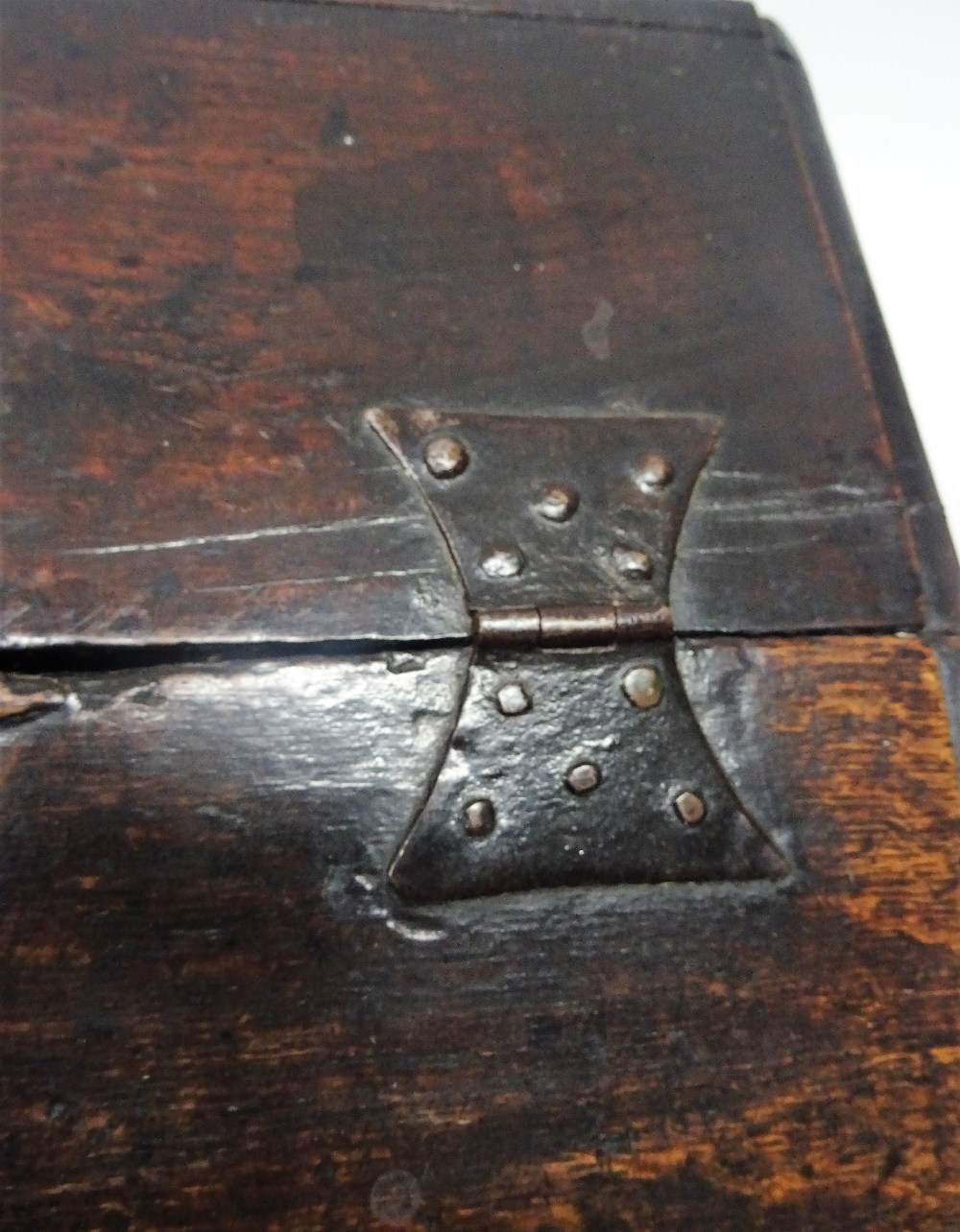 A 17th century oak slope front bible box, detailed E+B 1689, 58cm wide x 23cm high. - Image 8 of 11