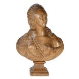 A painted terracotta portrait bust of Madame La Comtesse Du Barry, in the Louis XV style, 64cm high.