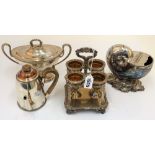 A group of 19th century plated wares, comprising; a four cup egg cruet,