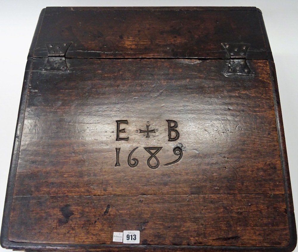 A 17th century oak slope front bible box, detailed E+B 1689, 58cm wide x 23cm high. - Image 4 of 11