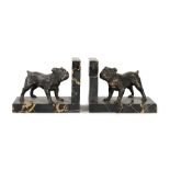 A pair of silver coloured metal and marble bulldog book-ends, each 12cm wide, (a.f).