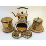 A group of plated wares, comprising; a spirit kettle with a stand and a burner,