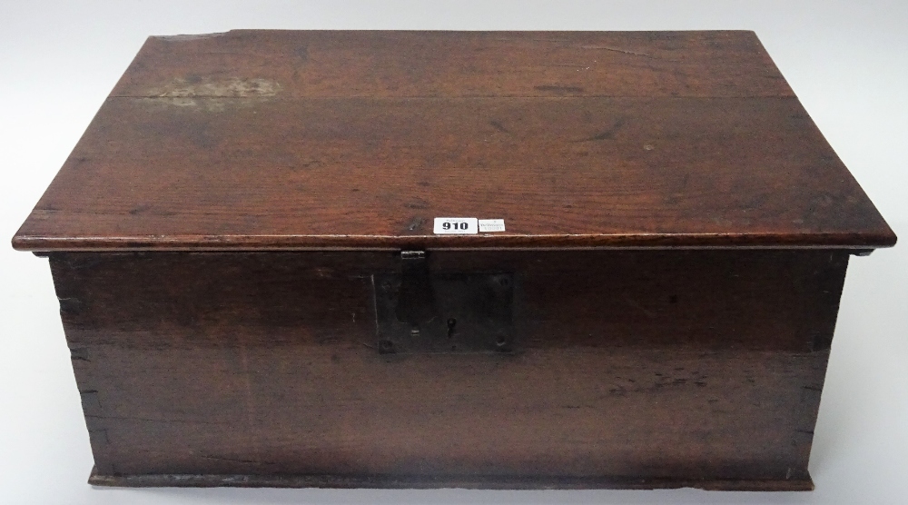 An 18th century oak bible box of plain plank construction, 63cm wide x 25cm high.