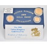 A United Kingdom 1988 three coin gold proof specimen set, comprising a two pounds piece,