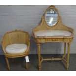 A Louis XVI style carved beech and cane work kidney shaped mirrored back dressing table,