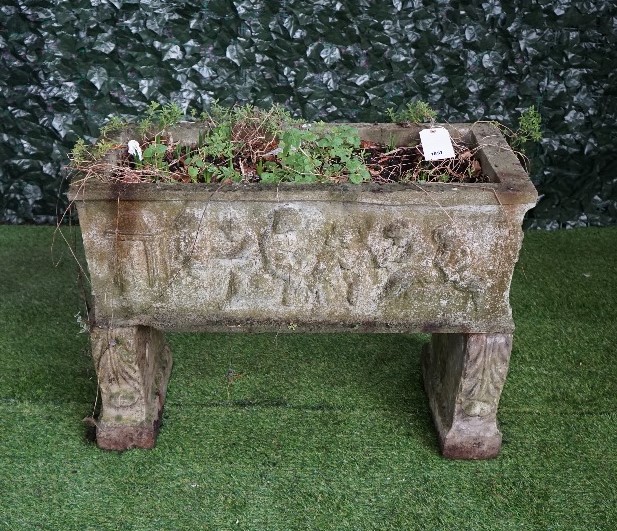A reconstituted stone rectangular planter relief cast with cherubs resting on a pair of scroll - Image 2 of 5