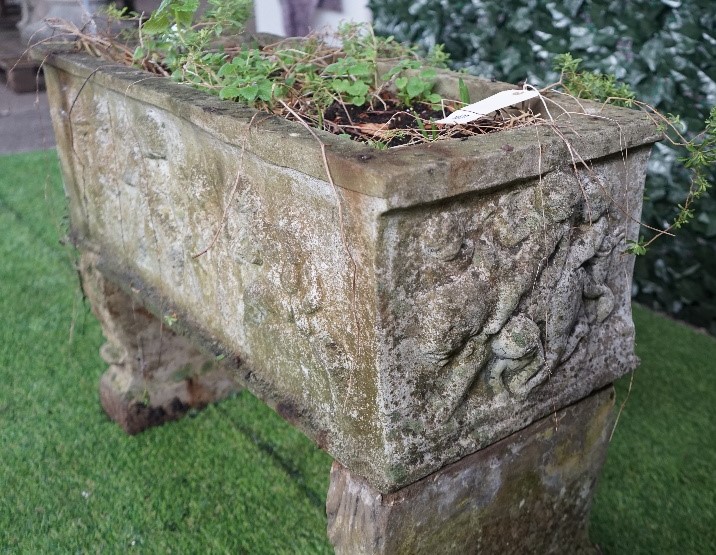A reconstituted stone rectangular planter relief cast with cherubs resting on a pair of scroll - Image 5 of 5