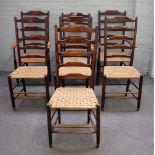 A harlequin set of seven ash ladder back dining chairs, 19th century, having high backs,