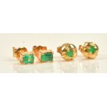 A pair of gold and emerald single stone ear studs,