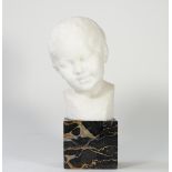 A white marble bust of a child, inscribed 'P.Sanchi', mounted on a square marble plinth, 31cm high.