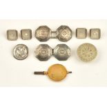 Four gold, mother-of-pearl and half pearl set dress buttons, detailed 18 CT 9 CT,