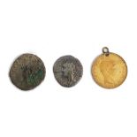 A Greek George I 20 drachmai, 1884 A, mounted as a pendant, and two Roman coins, (3).