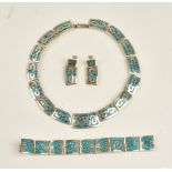 A Mexican blue gem set suite of jewellery, comprising; a panel link collar necklace,