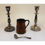 A pair of Victorian electroplate candlesticks, with foliate borders, 28cm high,