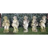 A set of five Vicenza stone figures of cherub musicians on square bases, each approx 75cm high, (5).