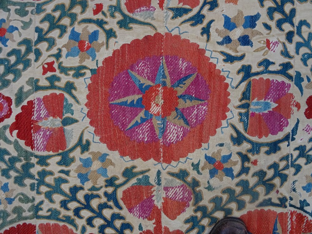 A Bokhara Susani panel, central panel and surround with large and small madder rosette leaf sprays, - Image 5 of 7