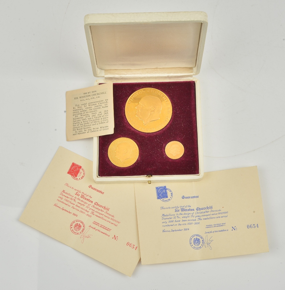 A set of three 18ct gold proof medallions commemorating Sir Winston Churchill, combined weight 70.