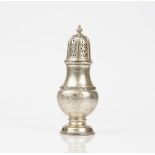 A silver sugar caster, decorated with a Celtic style band, raised on a circular foot,